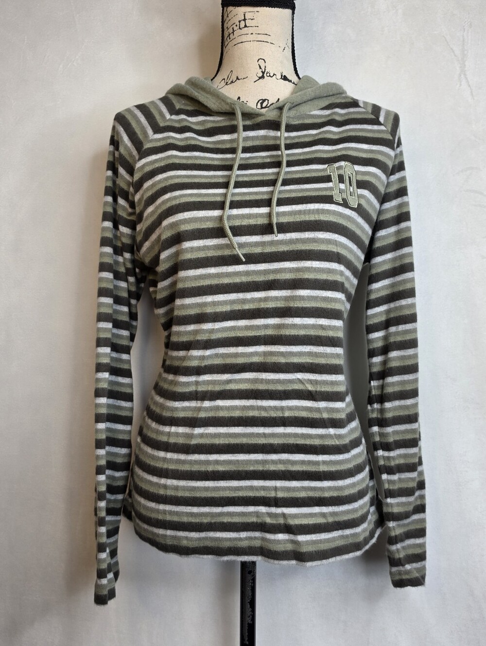 BAILEYS POINT Striped Lightweight Knit Hoodie Top L Green Brown White Y2K